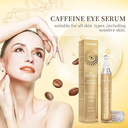 Soulight 5% Caffeine Eye Serum for Dark Circles, Eye Cream Anti Aging Puffiness & Wrinkles - Brightening Under Eyes Treatment with Hyaluronic Acid & Niacinamide - Hydrating & Firming