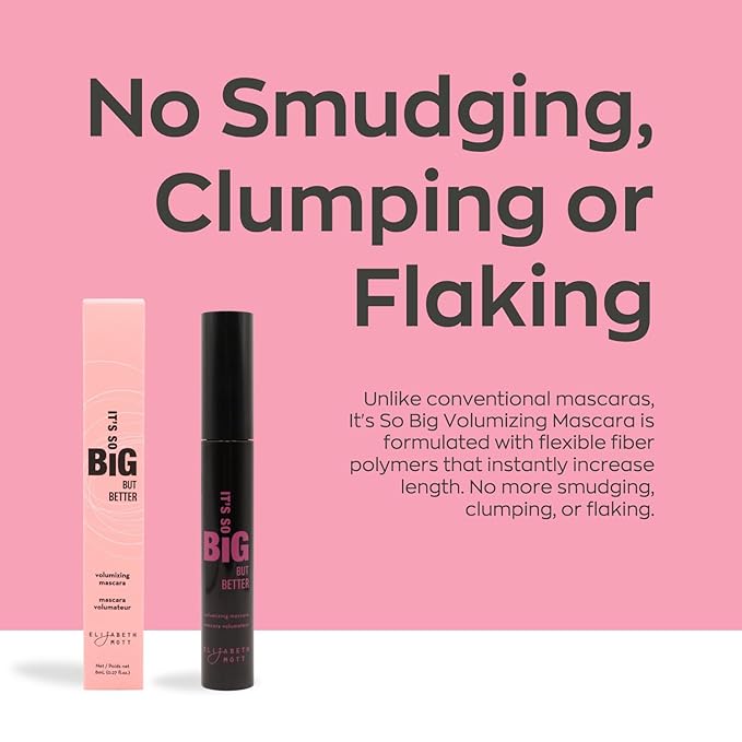 Elizabeth Mott Black Volumizing Mascara – Smudge-Proof, Lengthening Fiber Formula, Hourglass Wand – Clump-Free, Water-Resistant & Cruelty-Free – Safe for Lash Extensions, Long-Lasting, Full-Size 8ml