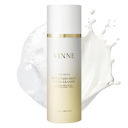 VINNE Signature Milky Foam Cleanser – 3-Step Milk-Oil-Foam Korean Facial Cleanser w/LHA+PHA & 17 Active Ingredients – Oil & Water-Based Dual-Action Face Wash (4.05 fl. oz)