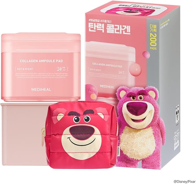 MEDIHEAL Collagen Ampoule Toner Pads [Disney Pixar Edition] - Skin Firming & Restore Elasticity & Deep Hydration - Tighten Wrinkles & Lines - Vegan Face Gauze, Full Size 100 + Refill 100 (200 Pads)