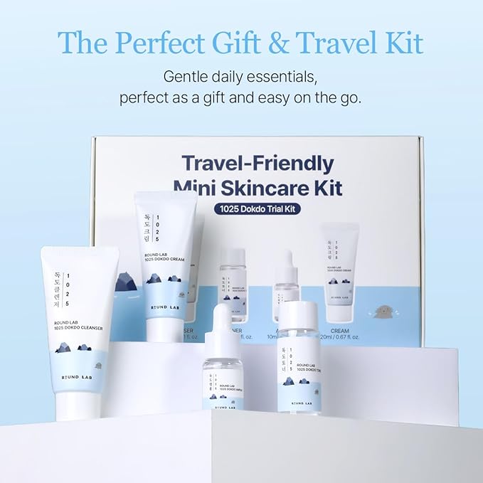 ROUND LAB 1025 Dokdo Hydrating Mini Size Kit (Cleanser, Toner, Serum, Cream) | Deep Hydration for Dry Skin | Gentle, Lightweight Routine for Daily Moisture & Soothing Care