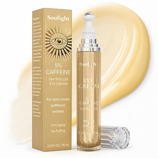 Soulight 5% Caffeine Eye Serum for Dark Circles, Eye Cream Anti Aging Puffiness & Wrinkles - Brightening Under Eyes Treatment with Hyaluronic Acid & Niacinamide - Hydrating & Firming
