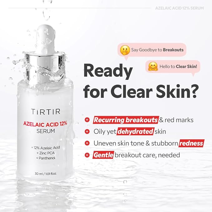 TIRTIR Azelaic Acid 12% Serum for Blemish-Prone Skin - Lightweight Hydrating Formula with Zinc PCA & Hyal-ZIP, Non-Comedogenic, Fragrance-Free, 30ml / 1.01 Fl Oz