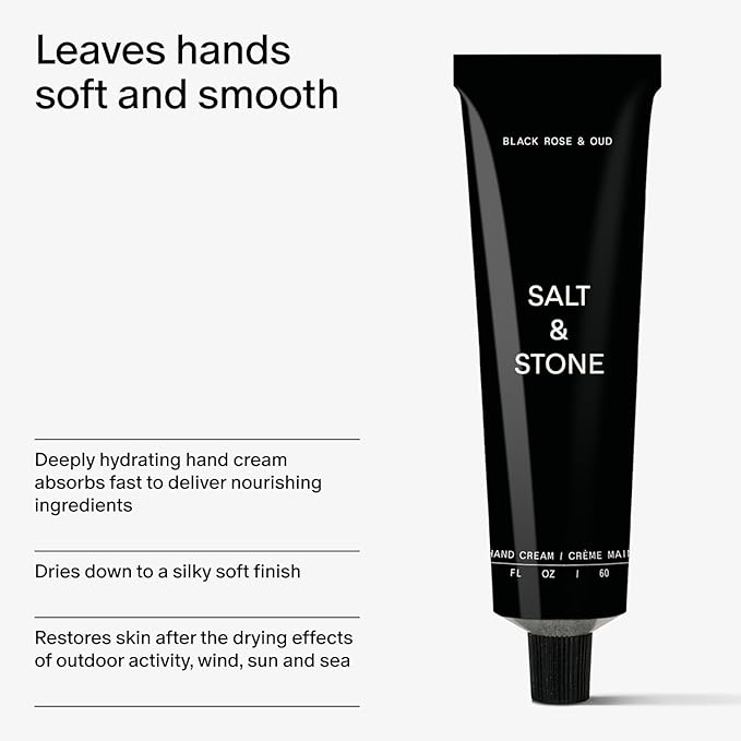 Salt & Stone Hand Cream for Women & Men | Black Rose & Oud | Hydrates, Nourishes & Softens Skin | Restores Dry Cracked Hands | Fast-Absorbing | Cruelty-Free & Vegan (2 fl oz)