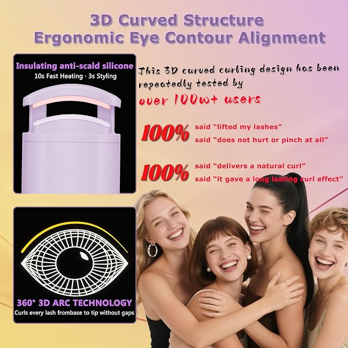 Heated Eyelash Curler - Wide Open Dual-Arc Design Heated Lash Curler - Electric Eyelash Curler - Type-C Rechargeable Mini Lash Curler Natural Curling 24H Long Lasting for Women - Purple