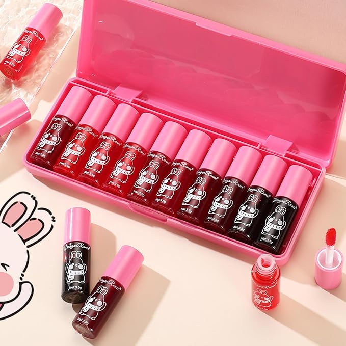 10 Colors Lip Tint Stain Set, Korean Lip Gloss Set, Watery Mini Liquid Lipstick Long lasting, Lightweight, Multi-Use Lip and Cheek Tint, High Pigment, Vivid Color Lip Makeup