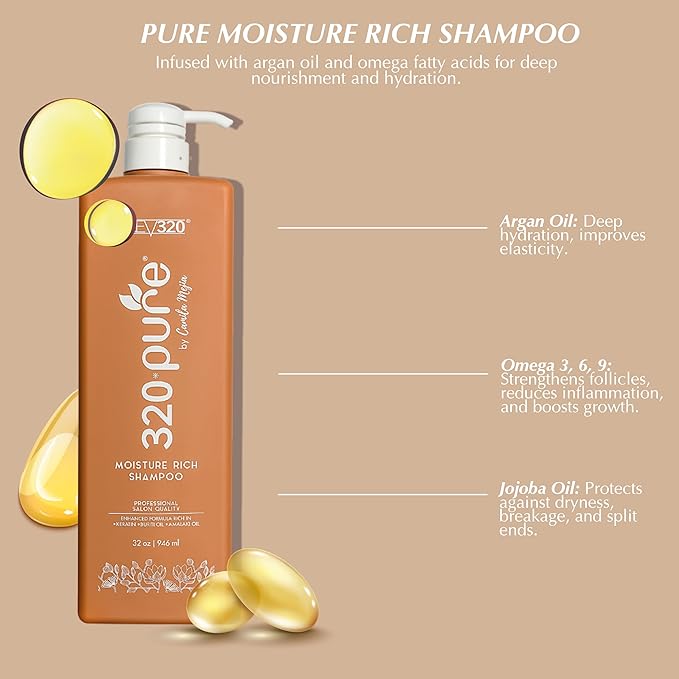 320Pure Moisture Rich Shampoo, Professional Salon, Nourishes and Repairs All types of Hair, Keratin-Omega, Argan Oil, (32oz)