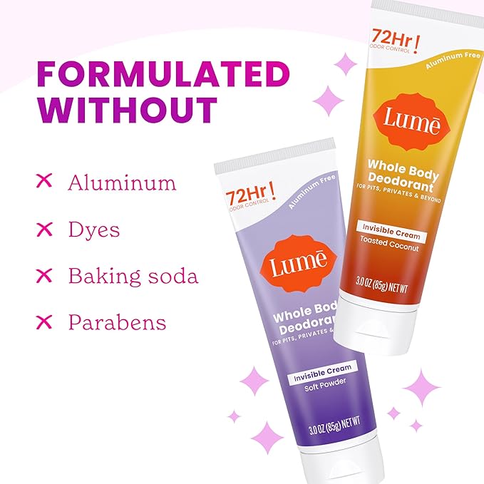 Lume Whole Body Deodorant - Invisible Cream Tube - 72 Hour Odor Control - Doctor Developed - Aluminum Free, Baking Soda Free and Skin Loving - 3.0 Ounce, Pack of 2 (Soft Powder & Toasted Coconut)