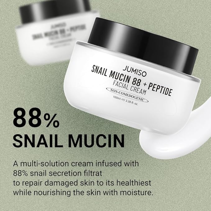 JUMISO Snail Mucin 88 Peptide Cream - Korean Face Moisturizer 5-Peptide Complex Collagen Boost Hyaluronic Acid Niacinamide Damaged Skin Repair - Sensitive Skin Non-Comedogenic 3.38 oz.