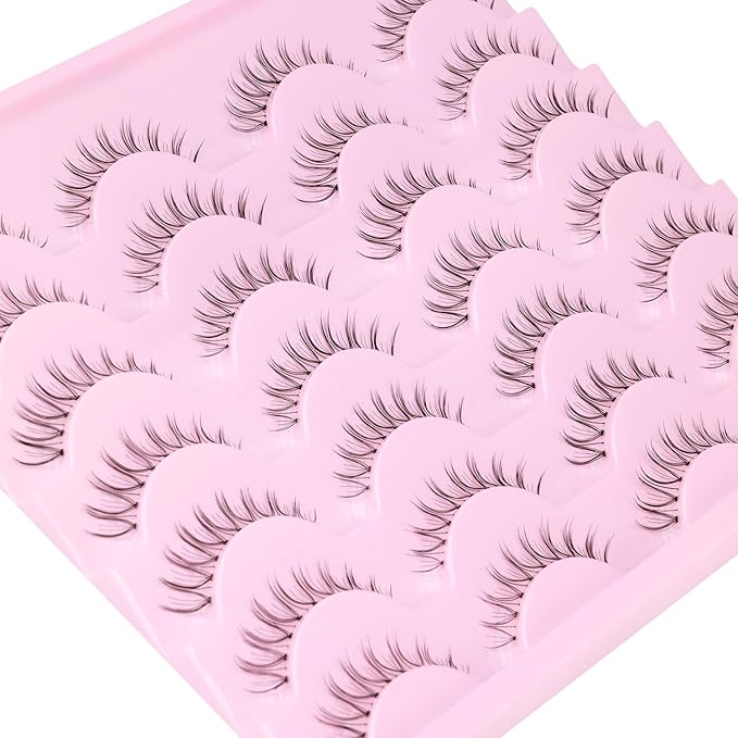 False Lashes Natural Look Short False Eyelashes Wispy 100% Handmade Clear Band Lashes Cat Eye Korean Faux Mink Strip Eyelashes Pack 14 Pairs