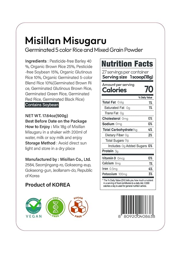 Korean Food Korean Misugaru Multi-Grain Drink Mix, Nutritional Mixed Grain Powder, 17.6 oz(500g), 미숫가루