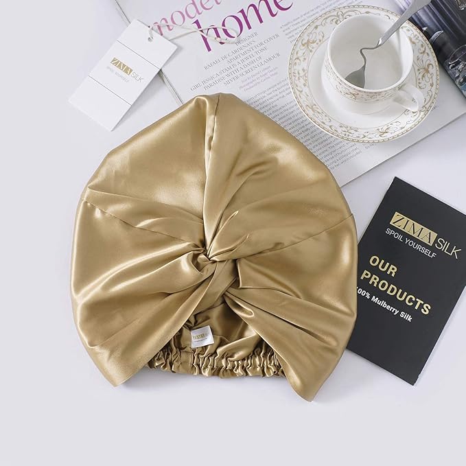 ZIMASILK 22 Momme 100% Mulberry Silk Bonnet for Sleeping & Women Hair Care, Highest Grade 6A Silk Hair wrap for Sleeping with Premium Elastic Stay On Head (1Pc, Golden)