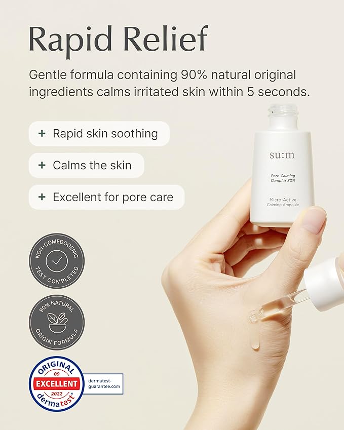 SU:M Micro-Active Calming Ampoule (0.5 fl oz) - Soothing Serum for Redness & Uneven Skin Texture, Provides Quick Relief for Sensitive Skin, Herbal Scent, Korean Skin Care