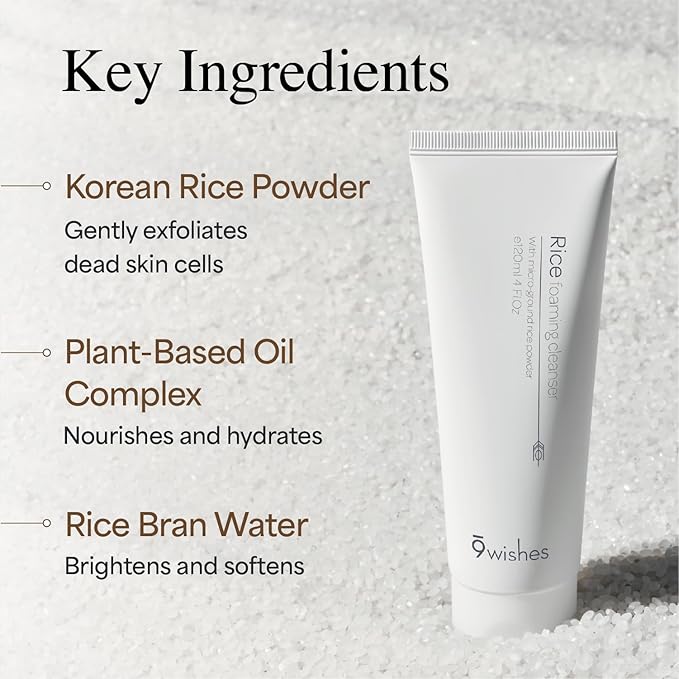9Wishes Rice Foaming Cleanser - Pore Cleanser with Real Rice Powder for Gentle Exfoliation and Blackhead Removal, Korean Skin Care, 4 fl oz