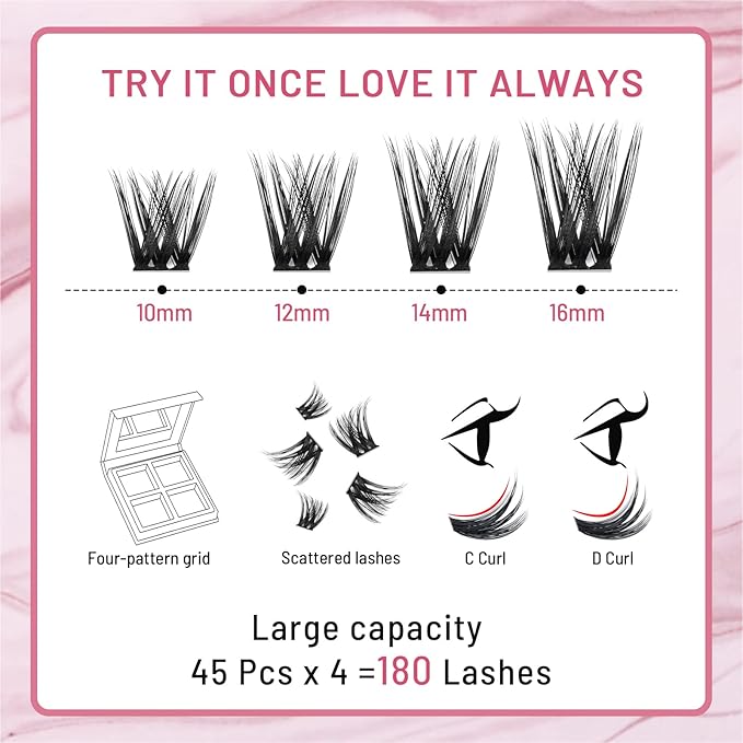 Lash Clusters 180 Pcs Cluster Lashes DIY Individual Lashes Fluffy Cluster Eyelash Extension Eyelash and Mirror 2 in 1 Easy to Apply at home Lashes (Adore,D-10-16mix)