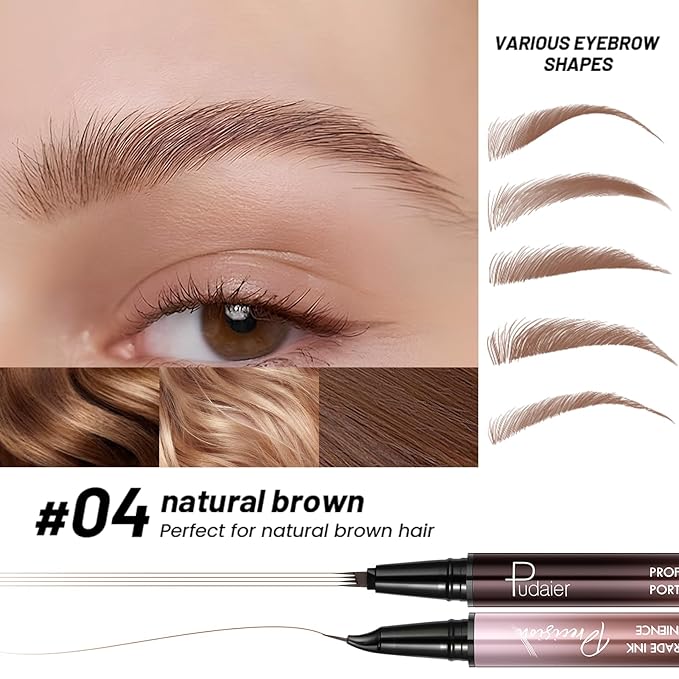 Eyebrow Pen, Waterproof Microblading Eyebrow Pencil, 2-in-1 Dual-Ended 4 Tip Eye Brow Makeup Pen for Women with Precise Curved Brush-Tip Create Natural Hair-Like Brows, Last All-Day (Natural Brown)