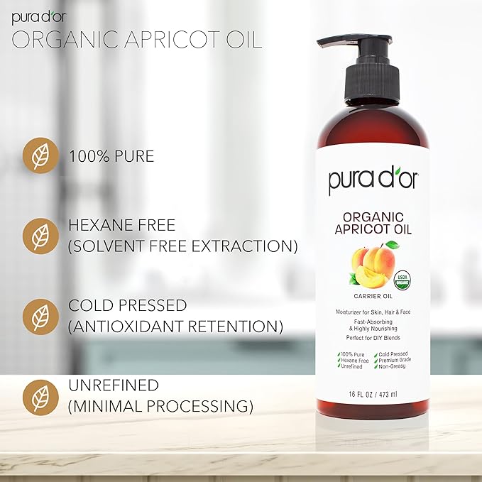 PURA D'OR 16 Oz ORGANIC Apricot Kernel Oil - 100% Pure & Natural USDA Certified Cold Pressed Carrier Oil - Antioxidant & Vitamin E Rich Moisturizer for Natural Glow & Softness - Face, Skin & Hair