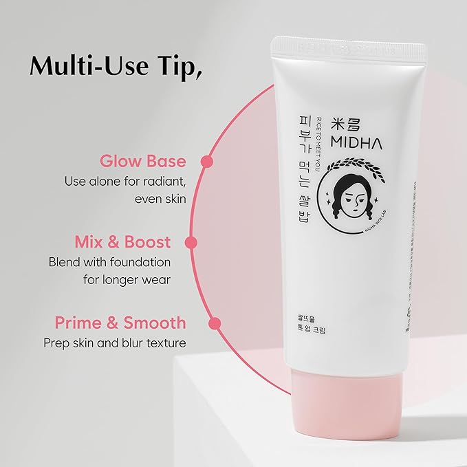 MIDHA RICE TONE UP CREAM, 1.69fl.oz/50ml, Even Skin Tone, Hydrating, Sheer, Natural Tone-Up, No Makeup Natural Tone, Ideal makeup Primer, Non-Sticky Finish, Vegan, Makeup Base