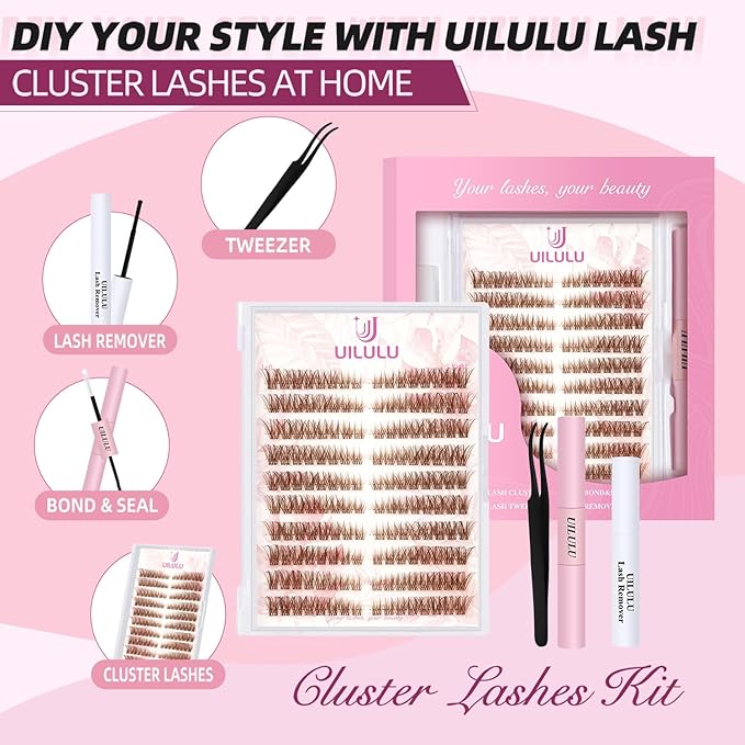 Brown Lash Clusters Kit Natural Lashes Extensions Wispy Eyelash Cluster 160pcs D Curl Left&Right with Bond & Seal, Glue Remover, Tweezers(U16)