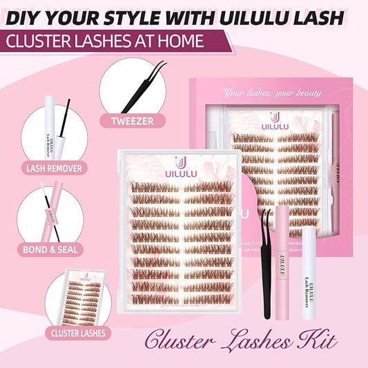 Brown Lash Clusters Kit Natural Lashes Extensions Wispy Eyelash Cluster 160pcs D Curl Left&Right with Bond & Seal, Glue Remover, Tweezers(U16)