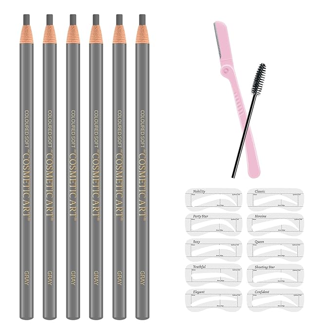 Ownest 6 Pcs Peel-off Eyebrow Pencil Tattoo Makeup and Microblading Supplies Set for Marking, Filling and Outlining, Waterproof and Durable Permanent Eyebrow Liner-Grey