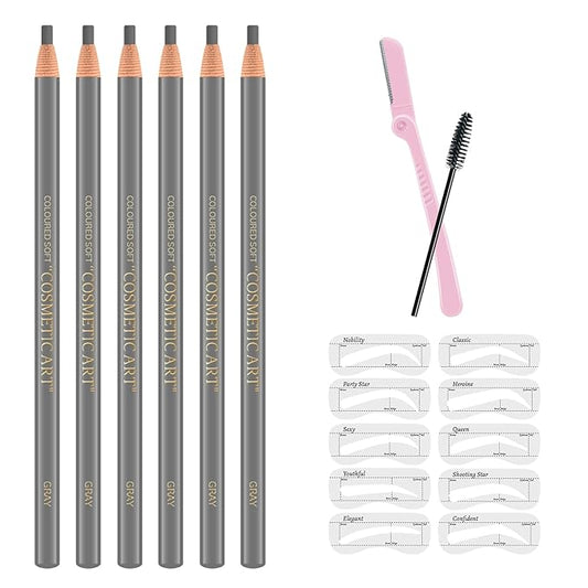Ownest 6 Pcs Peel-off Eyebrow Pencil Tattoo Makeup and Microblading Supplies Set for Marking, Filling and Outlining, Waterproof and Durable Permanent Eyebrow Liner-Grey