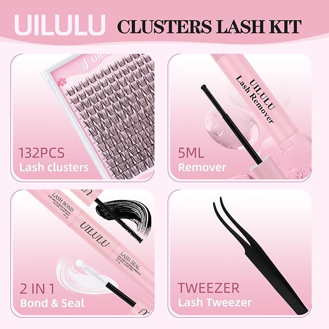 Lash Clusters Kit 10-18mm Wispy Lash Clusters D Curl False Eyelash Clusters, DIY Lash Extension Kit with Lash Bond & Seal, Lash Glue Remover, Lash Tweezers