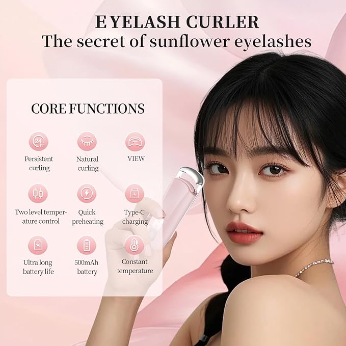 Heated Eyelash Curler for Natural Lashes 2-Level Adjustable Temperature Mini Electric Lash Curler Fast 3-Second Heat Up 24 Hours Long-Lasting Curl