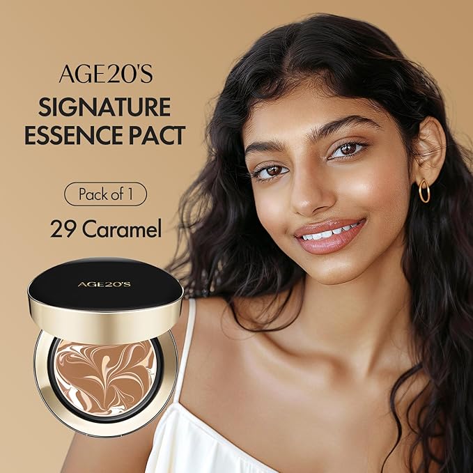 AGE20'S Signature Essence Pact SPF 50+ | Pack of 1 | 29 Caramel | Cream Foundation, Dewy Finish, Natural Coverage | Korean Cushion Foundation