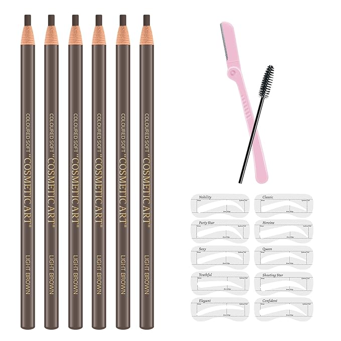Ownest 6 Pcs Pull Cord Peel-off Eyebrow Pencil Tattoo Makeup and Microblading Supplies Set for Marking, Filling and Outlining, Waterproof and Durable Permanent Eyebrow Liner-Light Brown