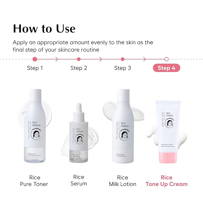 MIDHA RICE TONE UP CREAM, 1.69fl.oz/50ml, Even Skin Tone, Hydrating, Sheer, Natural Tone-Up, No Makeup Natural Tone, Ideal makeup Primer, Non-Sticky Finish, Vegan, Makeup Base