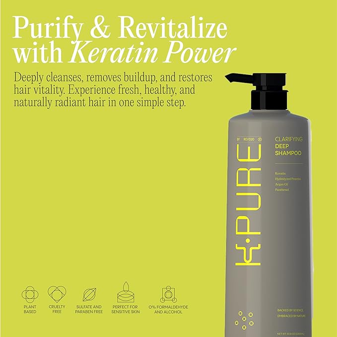 Clarifying Deep Shampoo by K-Pure, Sulfate & Paraben Free, Purifying Shampoo for Buildup Removal, Deep Cleansing for Oily Scalp, Color & Keratin-Treated Hair, Pre-Treatment for Smoother, Stronger Hair