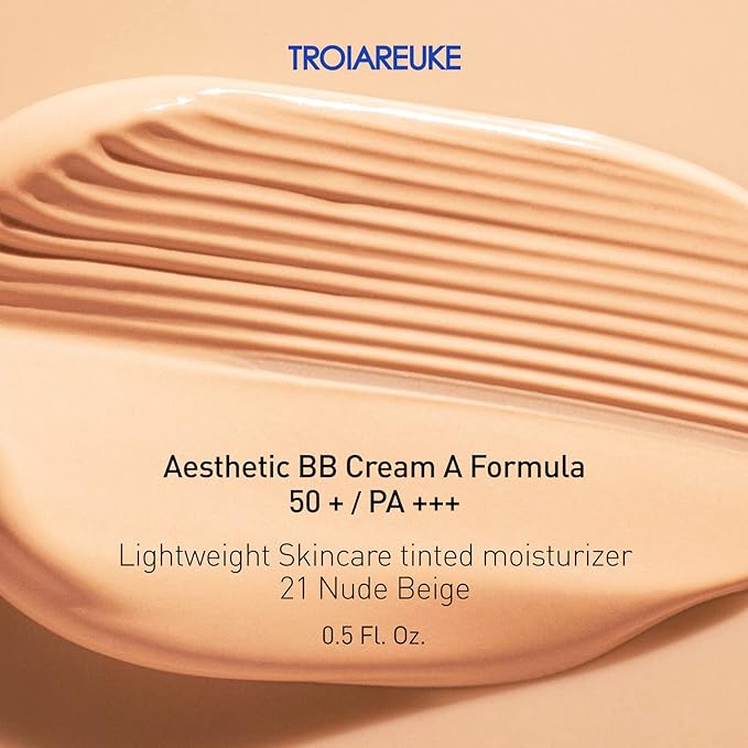 TROIAREUKE Aesthetic BB Cream A+ Formula (21 Beige) SPF50+ PA+++, Lightweight Blemish Balm, Tinted Moisturizer with Medium Coverage, Lasting Foundation Makeup Base for Oily Skin | Korean Beauty Makeup