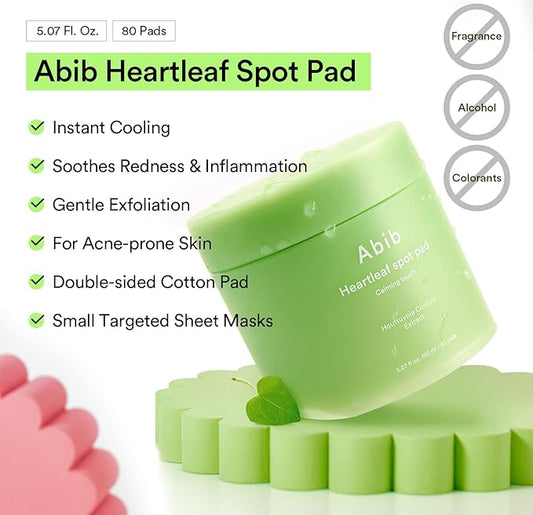 Abib Heartleaf Spot Pad Calming Touch 80pads 5.07 fl.oz. | Korean Acne Soothing Toner Pads for Face, Cleansing, Disposable, Exfoliant, Skin Care