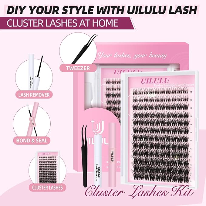 Lash Clusters Kit 10-18mm Mix D Curl DIY Extension Eye Natural Lashes False Wispy EyeLash Cluster with Bond & Seal, Glue Remover, Tweezers(U20)