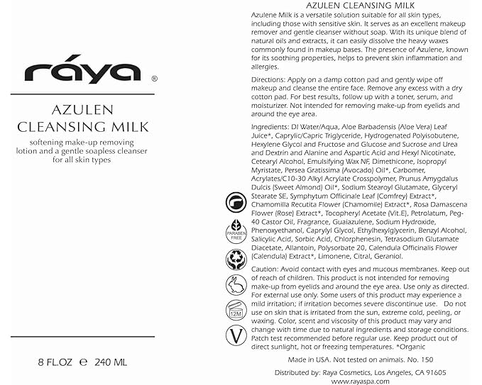 Raya Azulen Facial Cleansing Milk 16 oz (150) | Calming and Refining, Soap-Free Fluid Cleanser and Make-Up Removing Lotion | Made with Azulene Extract and Aloe Vera | Great for Sensitive Skin