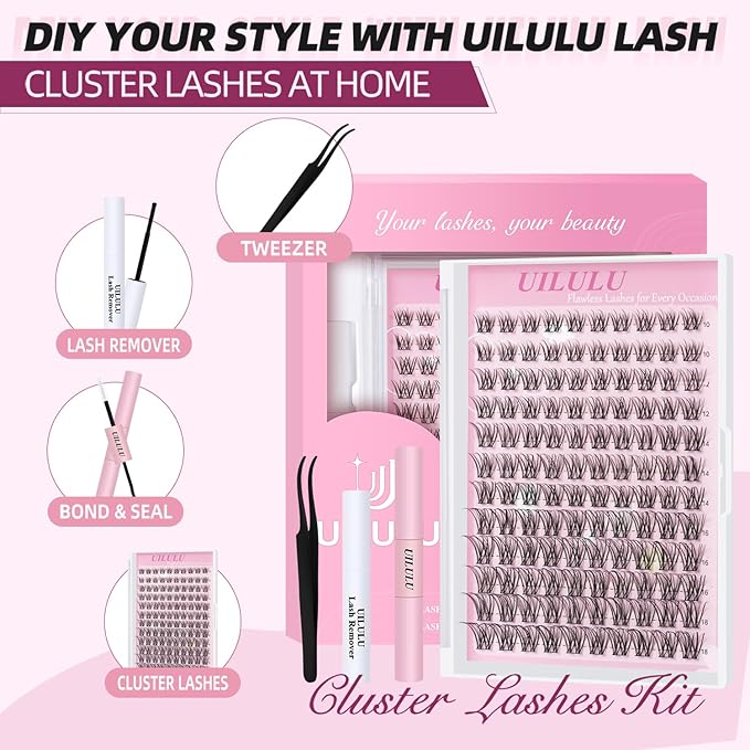 Natural Lash Clusters Kit 10-18mm Mix D Curl DIY Extension Eye Natural Lashes False Wispy EyeLash Cluster with Bond & Seal, Glue Remover, Tweezers(U26)
