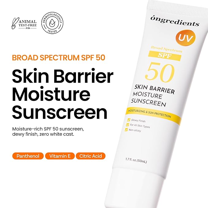 ONGREDIENTS Skin Barrier Moisture Sunscreen Broad Spectrum SPF 50, Glowy Finish, Non-Sticky, No White Cast, Hydrating, Moisturizing, Airy Texture, Korean Skin Care, All Skin Types (1.7 fl. Oz)