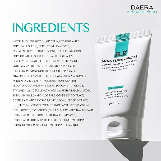 DAERA B.E Cream- Korean Moisturizer, Lightweight All Skin Type, Sensitive Skin, Trahalose & Hyaluronic Acid, Centella Asiatica,Fast Absorbing, Lightweight, Korean Skin Care (3.38 oz)