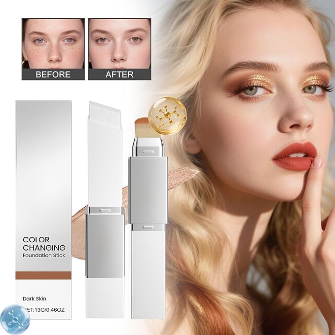 New Blanc Cover Cream Stick V - Color Changing Foundation Stick - Hydrating Concealer Base Makeup, Dual-Ended with Built-in Brush, Portable for Daily Use (Dark Skin)