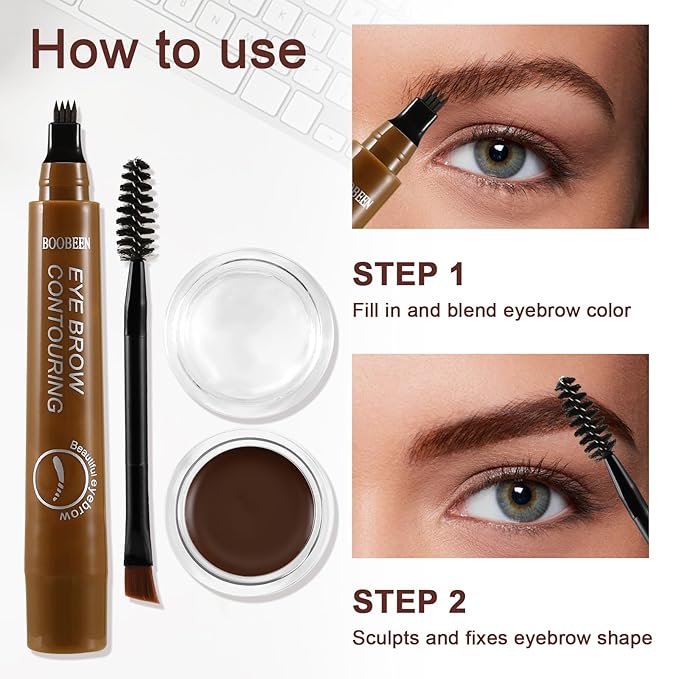 Boobeen Waterproof Eyebrow Pencil with Pomade, Brow Gel with Dual-ended Brush, Long-Lasting Natural Hair-Like Brows for All Skin Tones, Brown