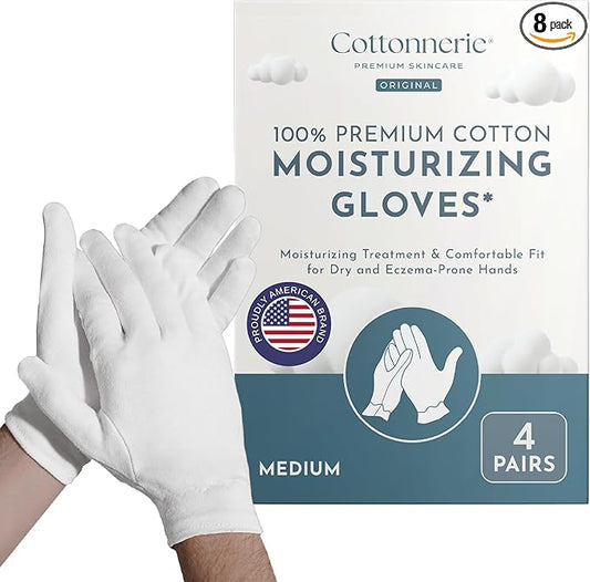 4 Pairs Cottonnerie Original Cotton Gloves for Dry Hands Sleeping, Moisturizing Gloves Overnight, Hand Moisturizer Gloves, Moisture Gloves for Dry Hands Overnight, Sleeping Gloves, Medium