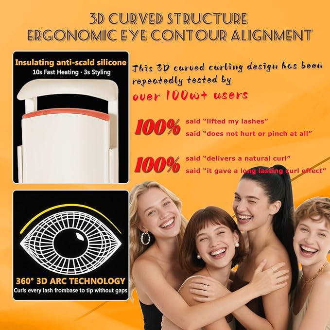 Heated Eyelash Curler - Wide Open Dual-Arc Design Heated Lash Curler - Electric Eyelash Curler - Type-C Rechargeable Mini Lash Curler Natural Curling 24H Long Lasting for Women - Apricot