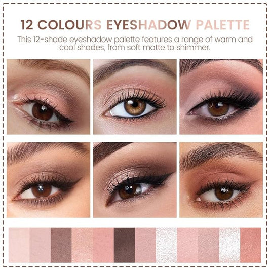 AMY'S DIARY 12 Colors Nude Eyeshadow Palette – Matte & Shimmer Natural Warm Tones for Everyday Makeup – Long-Lasting Blendable Soft Pigment Eye Shadow Set for Brown Eyes
