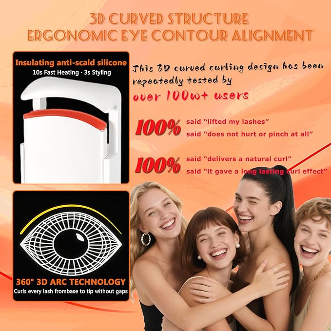 Heated Eyelash Curler - Wide Open Dual-Arc Design Heated Lash Curler - Electric Eyelash Curler - Type-C Rechargeable Mini Lash Curler Natural Curling 24H Long Lasting for Women - Ivory White