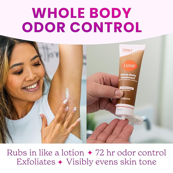 Lume Whole Body Deodorant - Invisible Cream Tube - 72 Hour Odor Control - Doctor Developed - Aluminum Free, Baking Soda Free and Skin Loving - 3.0 Ounce (Vanilla Bliss)