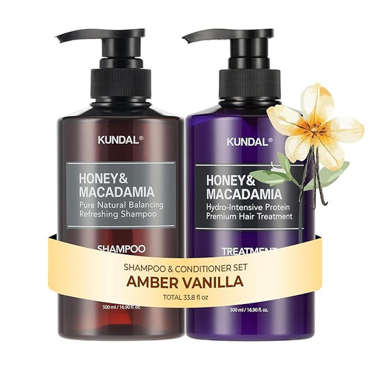KUNDAL Korean Shampoo and Conditioner Set [Amber Vanilla] Salon-quality, Long Lasting Scent, Moisturizing, Sulfate-Free, Argan & Macadamia Oil, Korean Hair care, For all hair types, 16.9 fl oz each