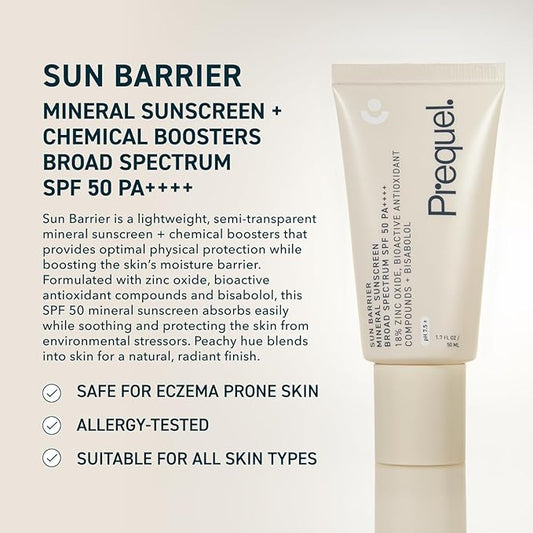 Prequel Skin Sun Barrier Mineral Sunscreen SPF 50. PA++++ Broad Spectrum Zinc Oxide Sunblock with Semi-Transparent Lightweight Texture. Moisturizing UV Defense for Face. Travel Size, 1.7oz
