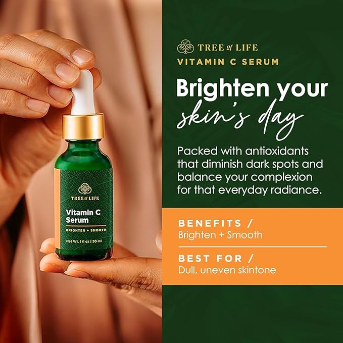 Tree of Life Beauty Vitamin C Skin Care Set, Skin Brightening Face Oil for Dark and Age Spots, Facial Serums for Dry and Sensitive Skin with Hyaluronic Acid & Vitamin E for Soft Smooth Skin, 1 Fl Oz