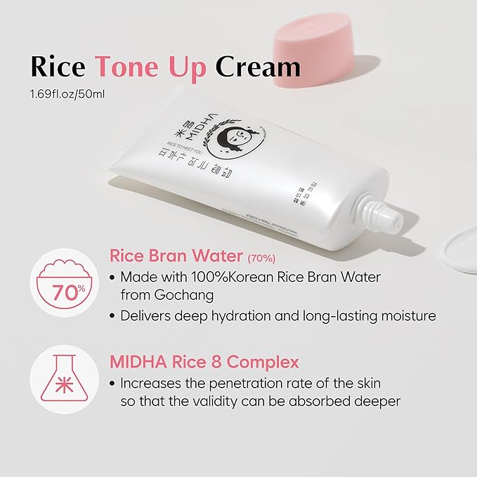 MIDHA RICE TONE UP CREAM, 1.69fl.oz/50ml, Even Skin Tone, Hydrating, Sheer, Natural Tone-Up, No Makeup Natural Tone, Ideal makeup Primer, Non-Sticky Finish, Vegan, Makeup Base